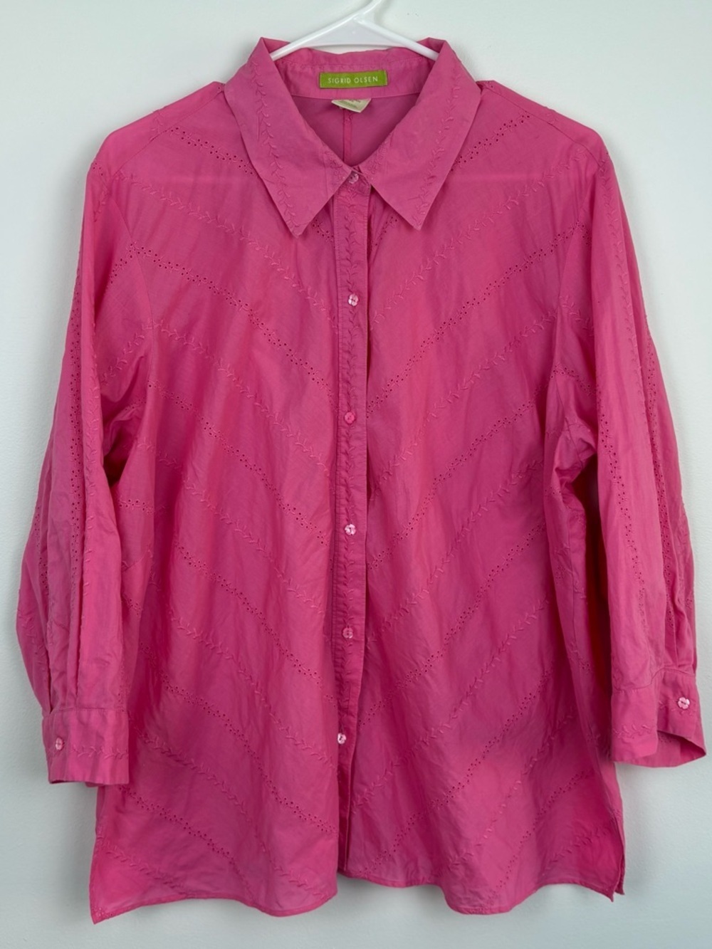 Sigrid Olsen Pink Eyelet Button Up 2X EUC 100% Cotton Coastal Vacation Beachy